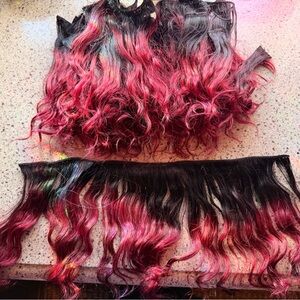 8” black and red human hair wefts of various lengths